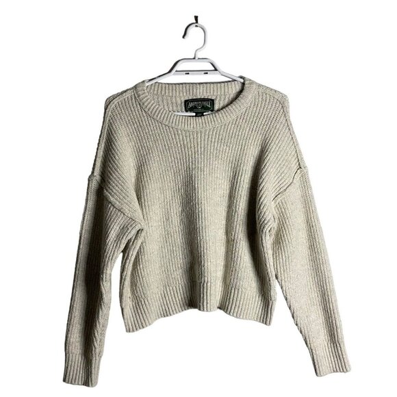 American Eagle Women's Ivory Marled Cozy Crewneck Cropped Sweater - Picture 1 of 7